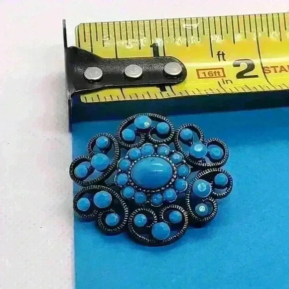 Vintage blue turquoise like dark silver tone brooch - Picture 5 of 15